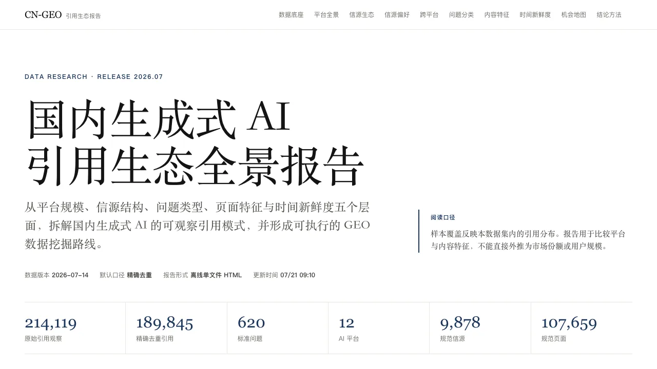 国内生成式 AI 引用生态全景报告 网站页面截图